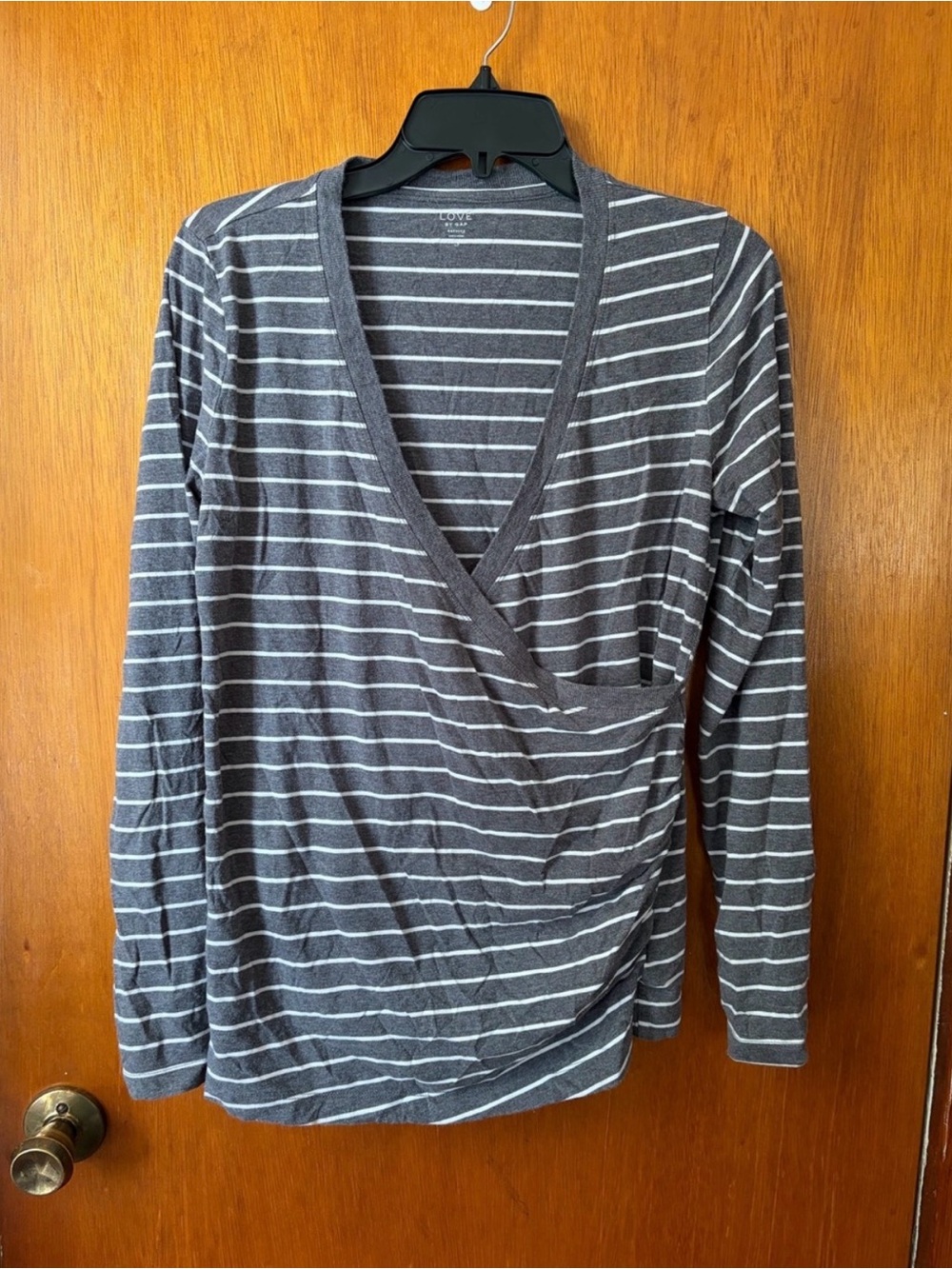 Gray Striped Wrap-Style Women's Nursing Top